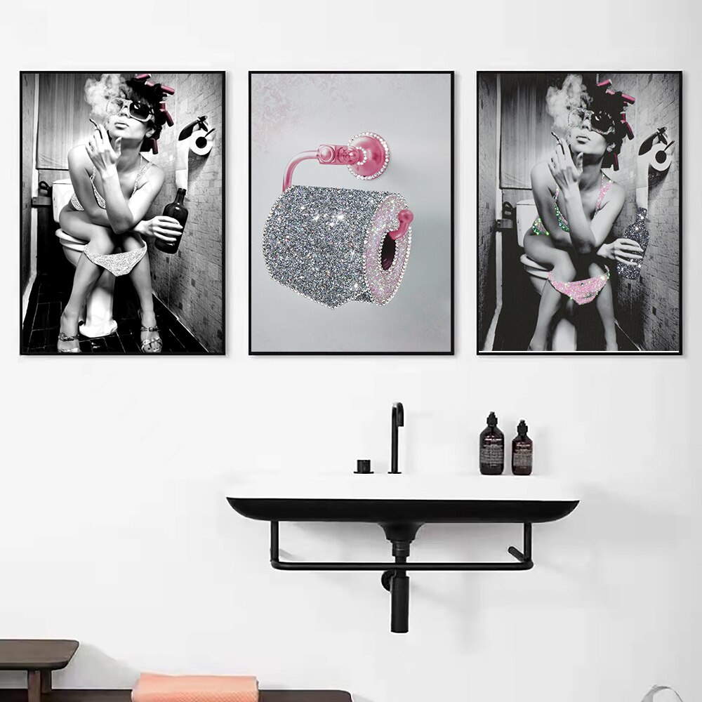 Fashion-Sexy-Woman-Poster-Print-Girl-Drinking-Bar-Canvas-Painting-Bling-Toilet-Roll-Paper-Picture-Modern-1