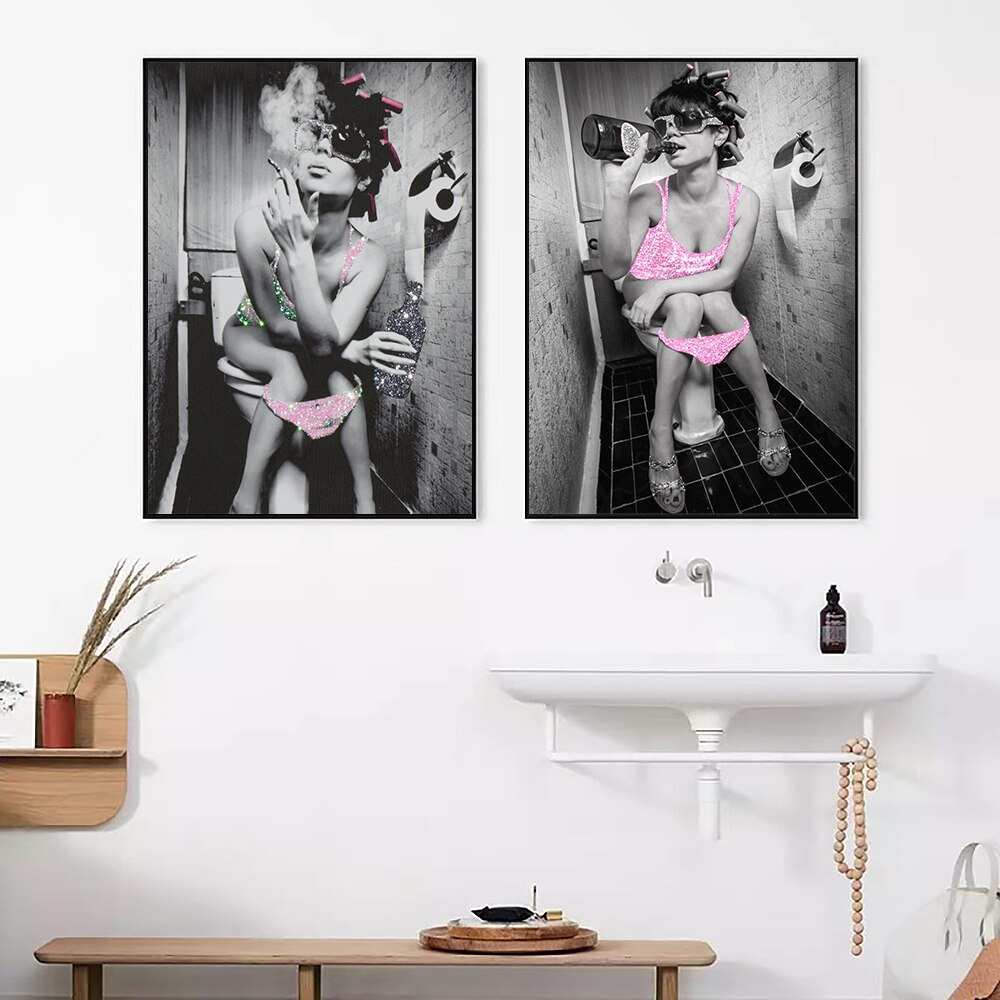 Fashion-Sexy-Woman-Poster-Print-Girl-Drinking-Bar-Canvas-Painting-Bling-Toilet-Roll-Paper-Picture-Modern-2