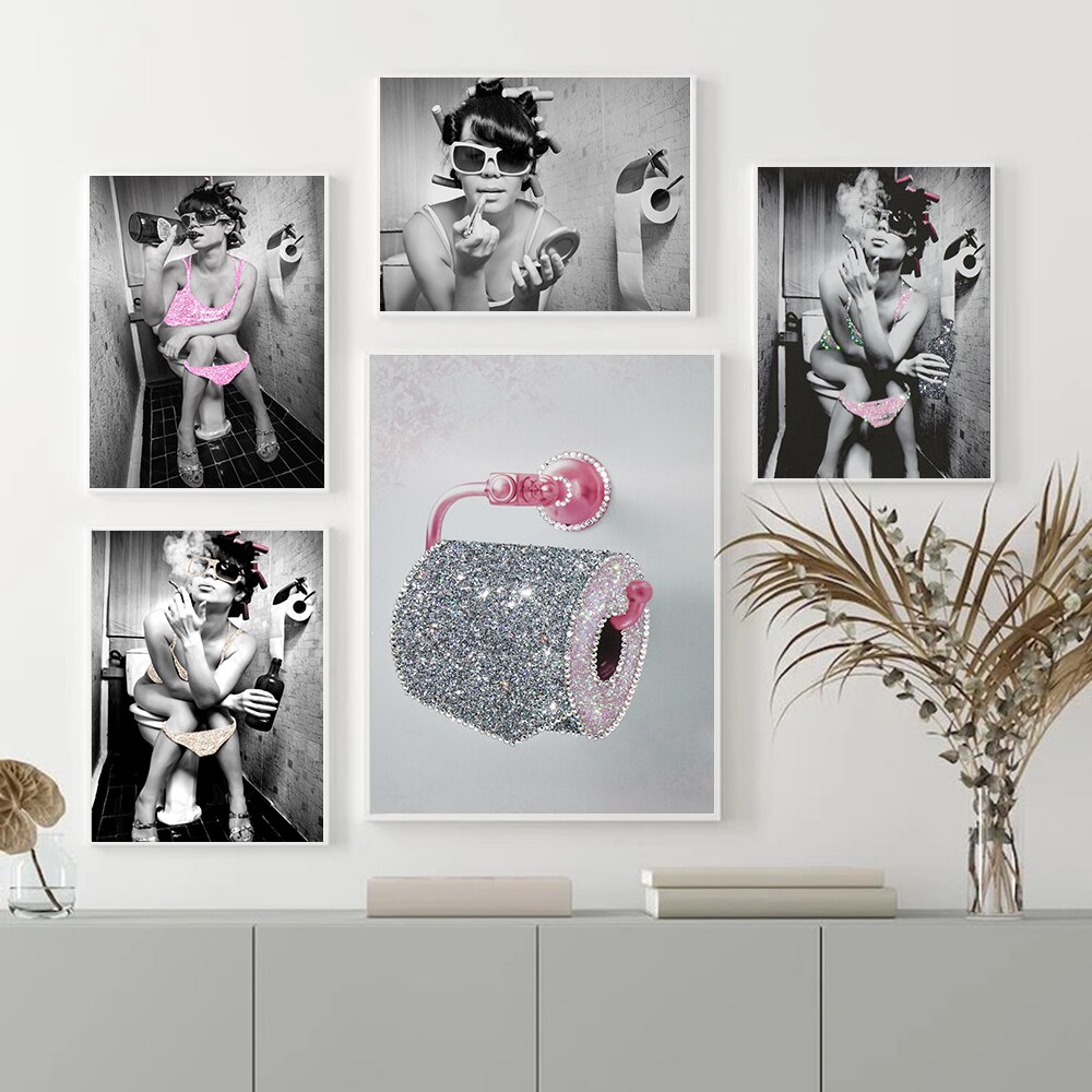 Fashion-Sexy-Woman-Poster-Print-Girl-Drinking-Bar-Canvas-Painting-Bling-Toilet-Roll-Paper-Picture-Modern